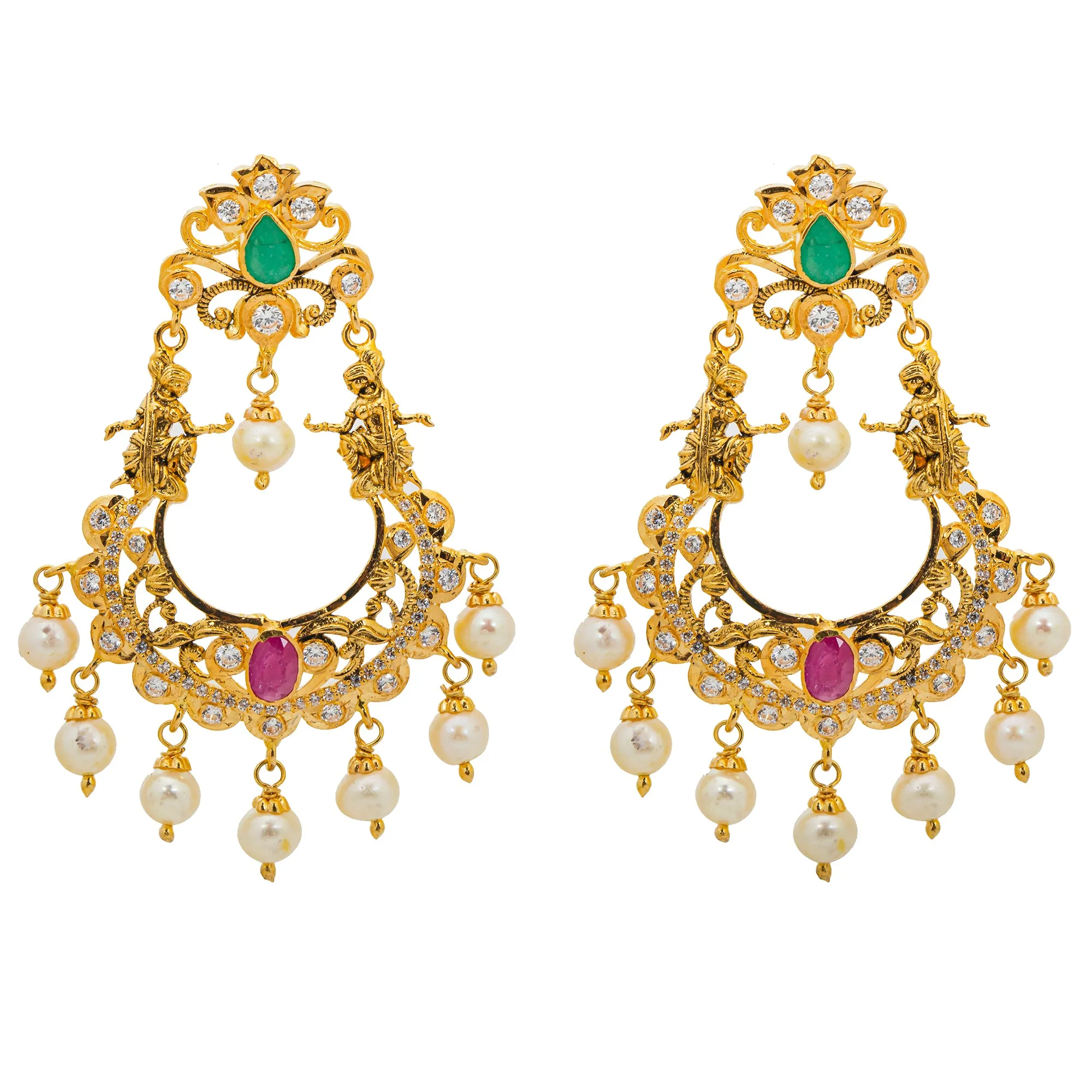 22K Yellow Gold, Gem, CZ, and Pearl Temple Necklace Set (133.3gm)
