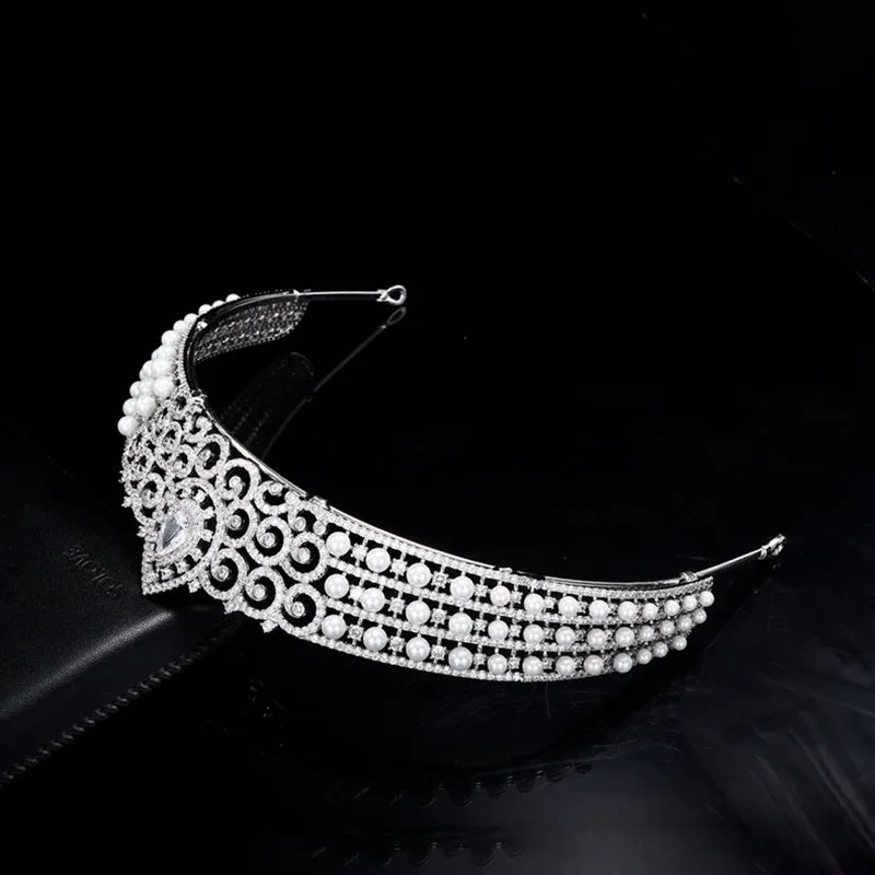 5A Cubic Zirconia Princess Tiara,Pearls Tiaras for Bridal, Headpieces Accessories HT20392