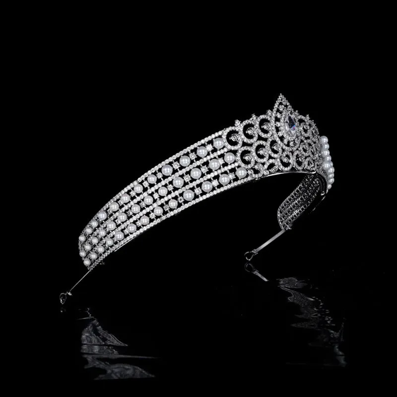 5A Cubic Zirconia Princess Tiara,Pearls Tiaras for Bridal, Headpieces Accessories HT20392