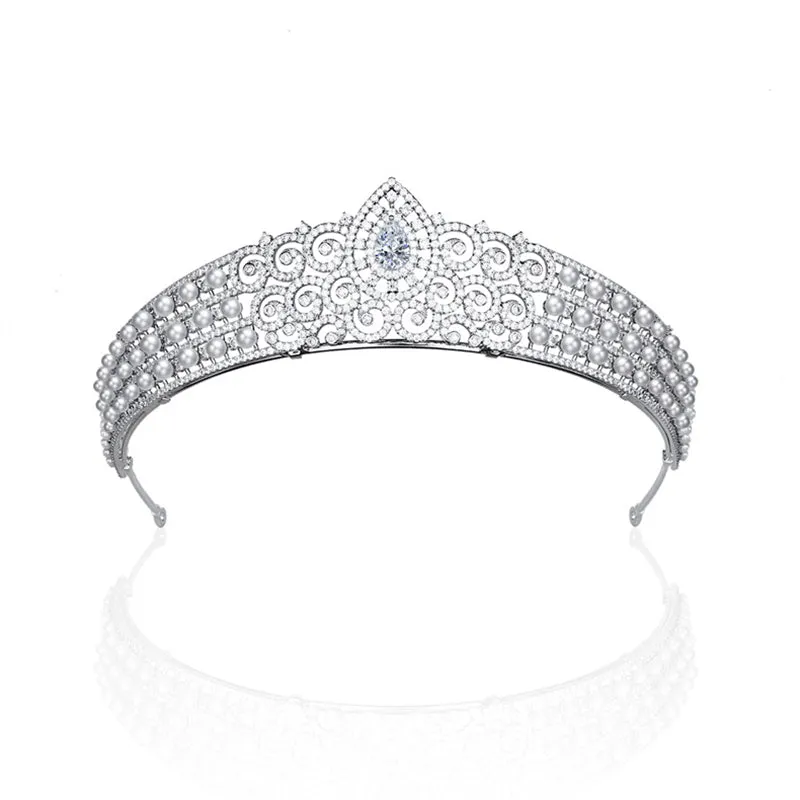 5A Cubic Zirconia Princess Tiara,Pearls Tiaras for Bridal, Headpieces Accessories HT20392