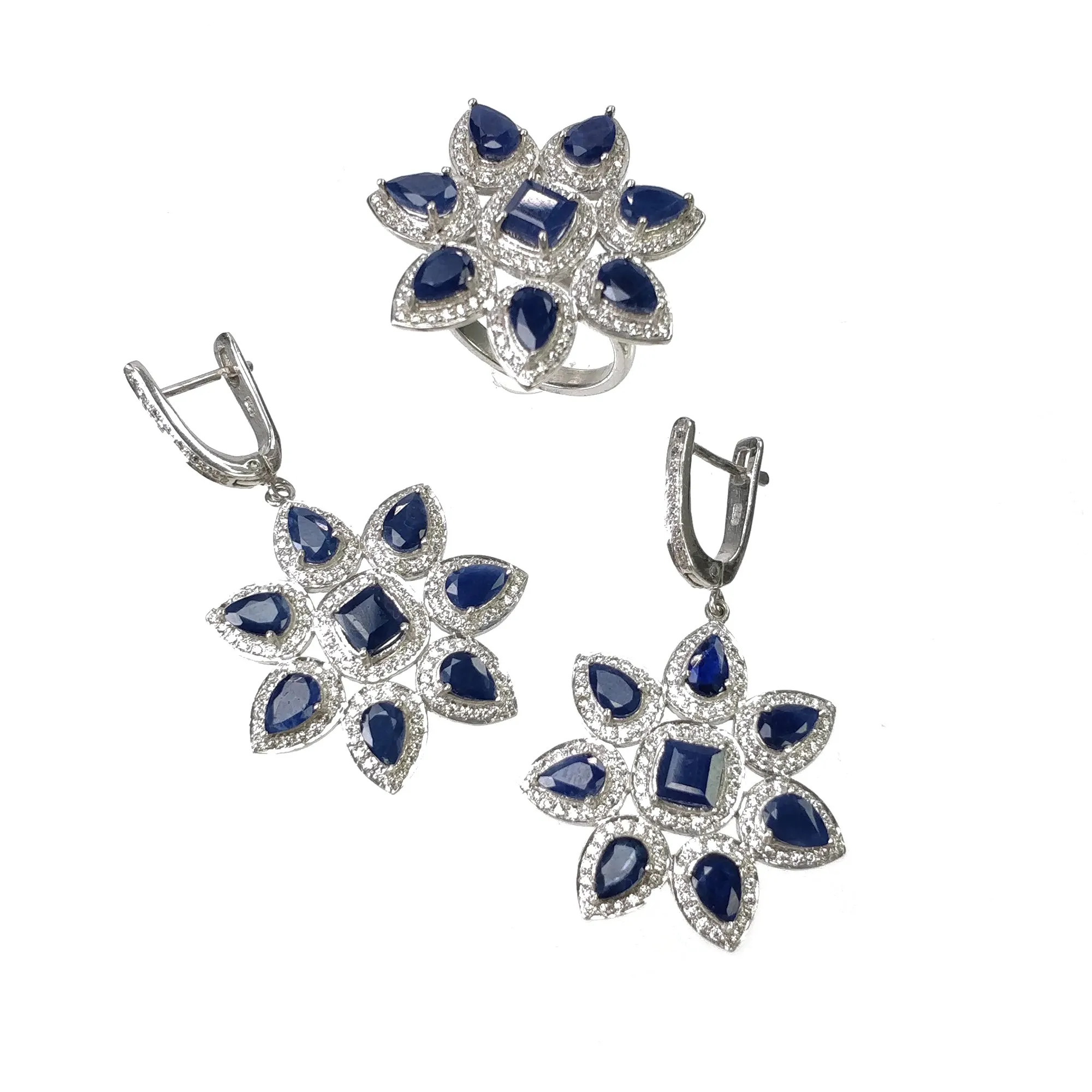 925 Sterling Silver Jewelry : Natural Blue Sapphire Gemstone & CZ Flower Designer Ring Earrings Jewelry Set For Wedding Bridal