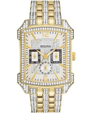 Bulova Mens Crystal Date Watch - Gold-Tone - Day - Date - 24 Hour Subdial