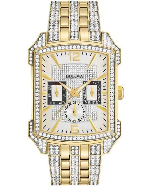 Bulova Mens Crystal Date Watch - Gold-Tone - Day - Date - 24 Hour Subdial