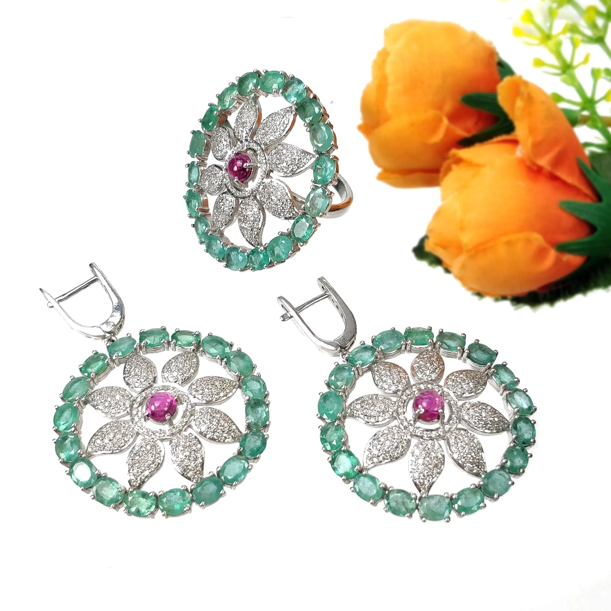 EMERALD & Pink TOURMALINE Gemstone With CZ Jewelry : 925 Sterling Silver Natural Untreated Round Oval Earring Ring Jewelry Set