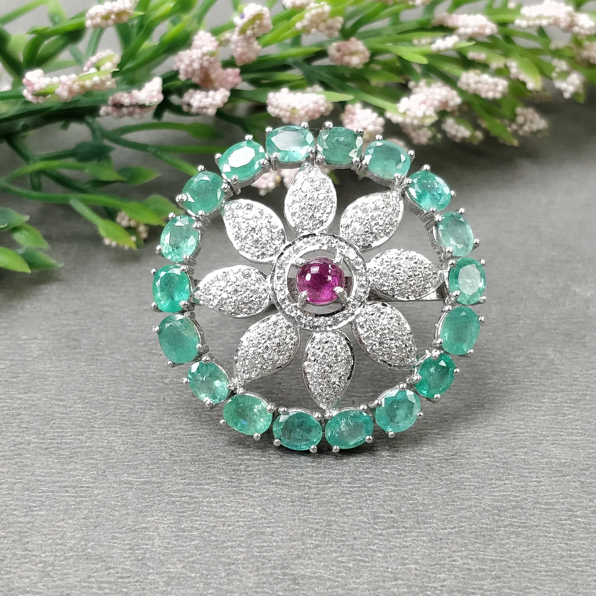 EMERALD & Pink TOURMALINE Gemstone With CZ Jewelry : 925 Sterling Silver Natural Untreated Round Oval Earring Ring Jewelry Set