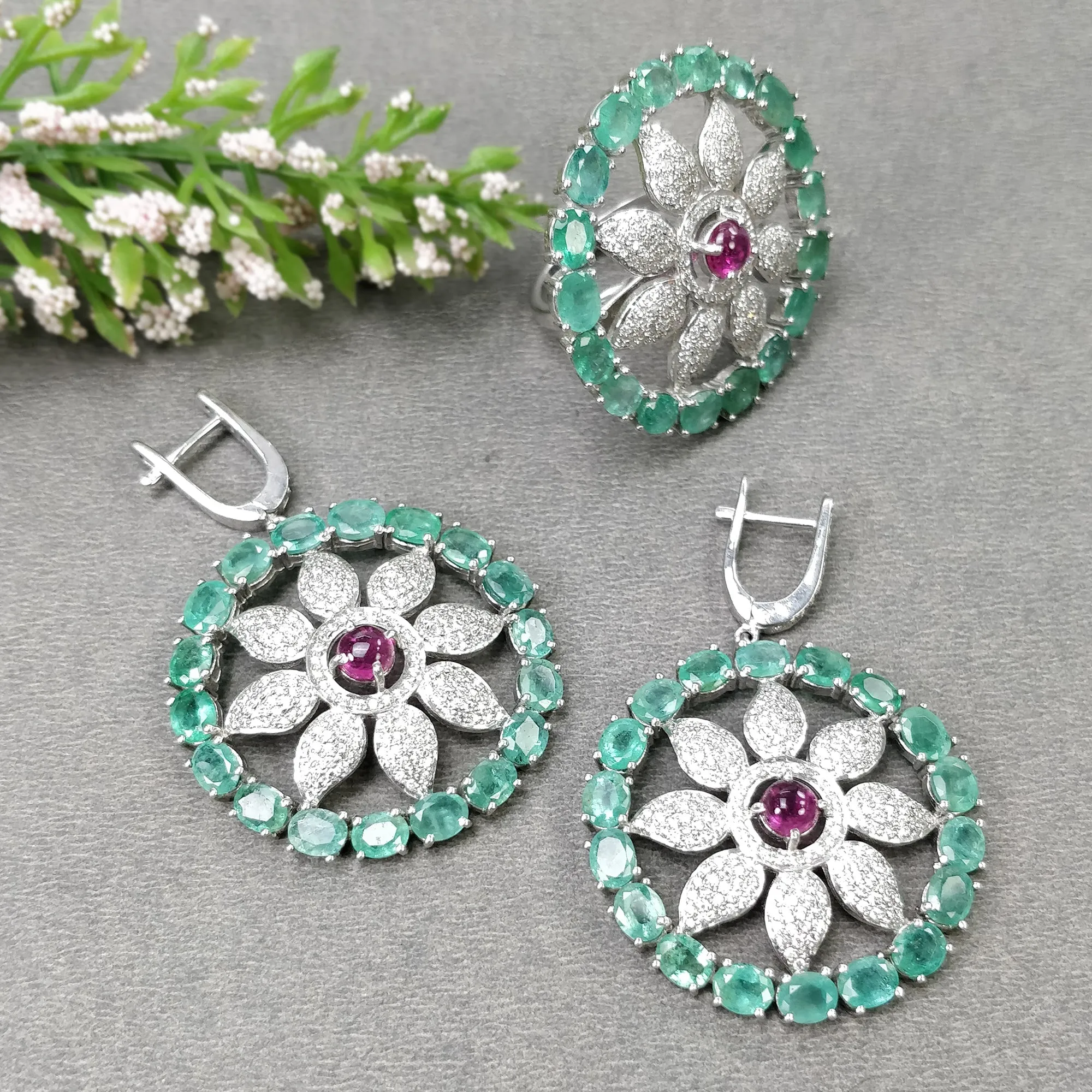 EMERALD & Pink TOURMALINE Gemstone With CZ Jewelry : 925 Sterling Silver Natural Untreated Round Oval Earring Ring Jewelry Set