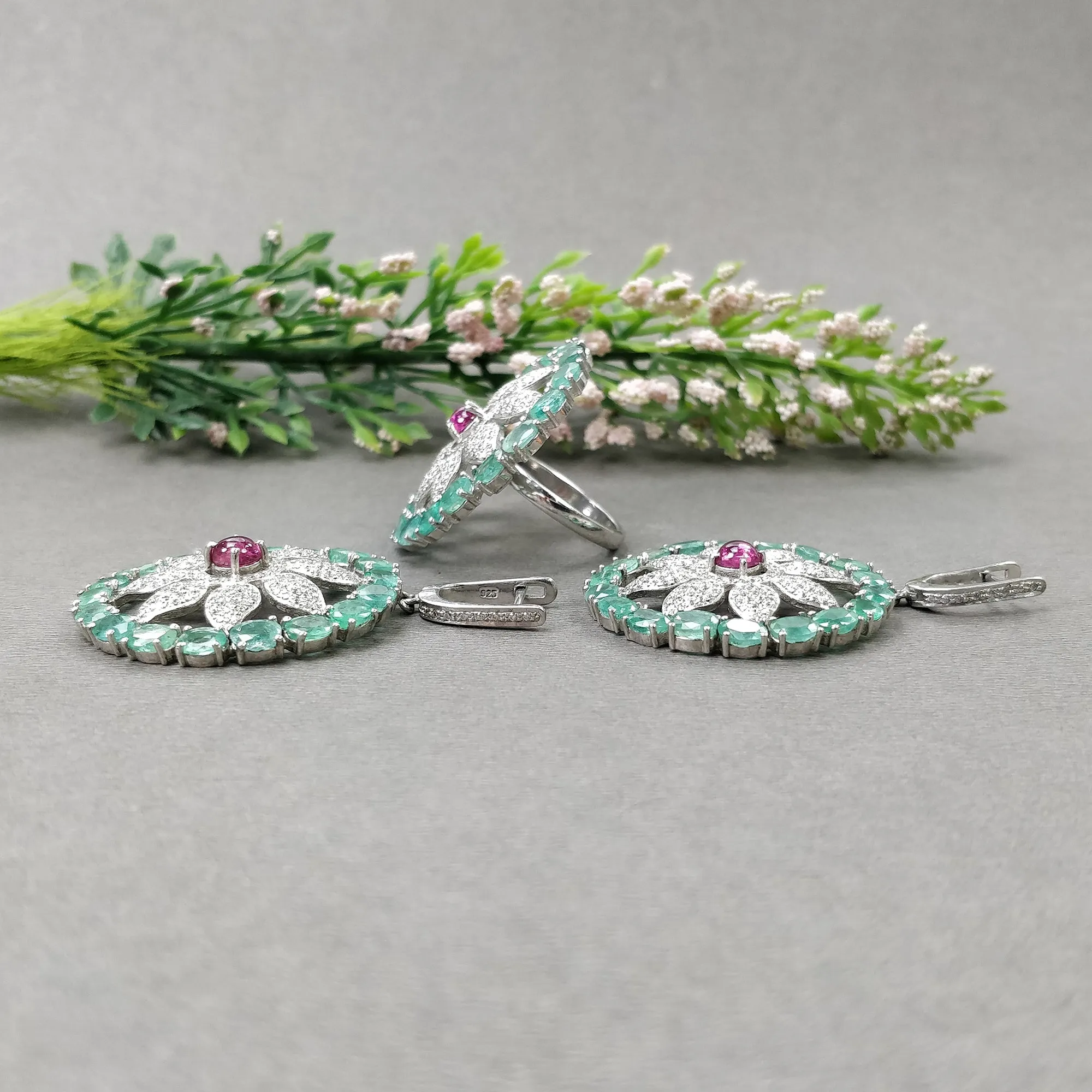 EMERALD & Pink TOURMALINE Gemstone With CZ Jewelry : 925 Sterling Silver Natural Untreated Round Oval Earring Ring Jewelry Set