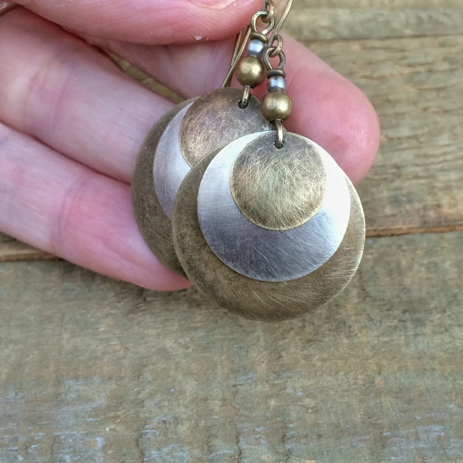 Mixed Metal Earrings, Brushed Metal Earrings, Forged Concave Drop Earrings, Brass Silver Earrings, Cold Forged Jewelry, Layered Earrings