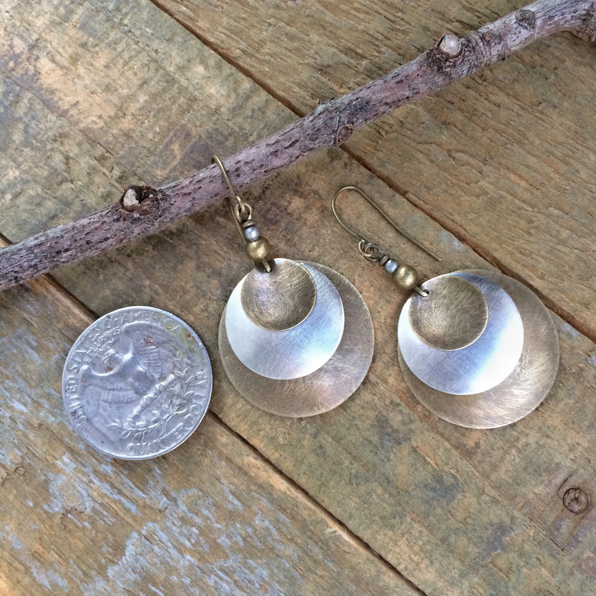 Mixed Metal Earrings, Brushed Metal Earrings, Forged Concave Drop Earrings, Brass Silver Earrings, Cold Forged Jewelry, Layered Earrings