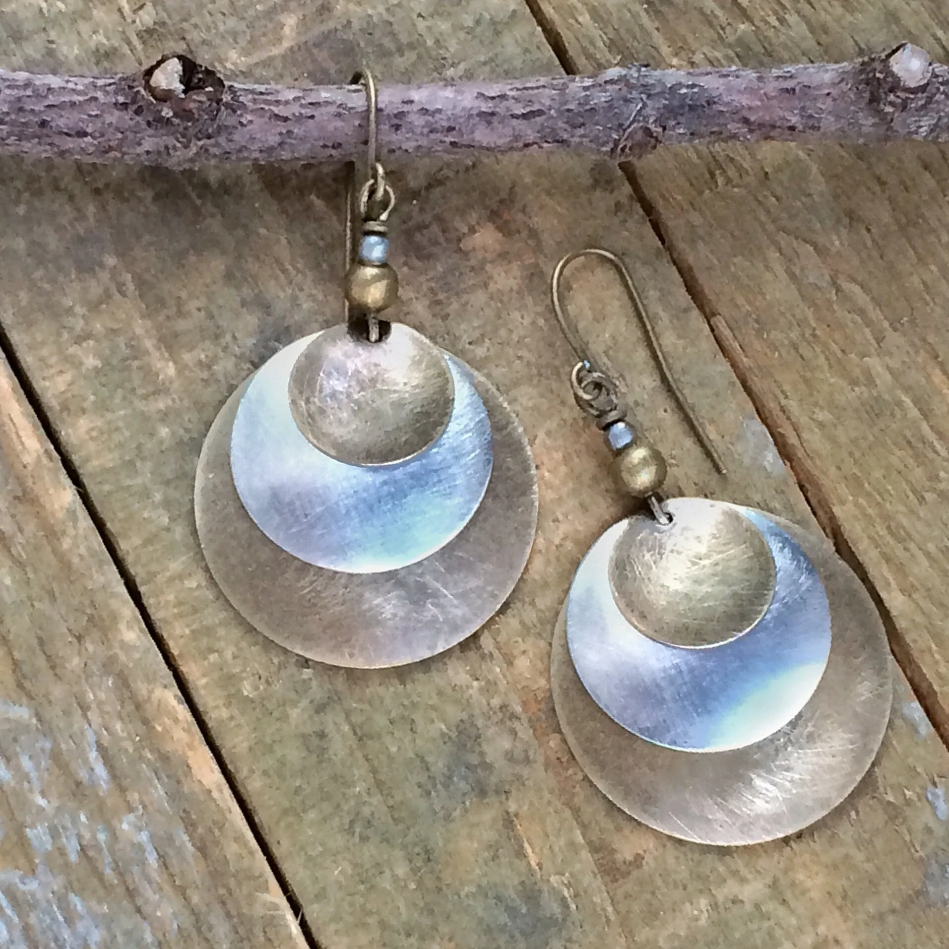 Mixed Metal Earrings, Brushed Metal Earrings, Forged Concave Drop Earrings, Brass Silver Earrings, Cold Forged Jewelry, Layered Earrings