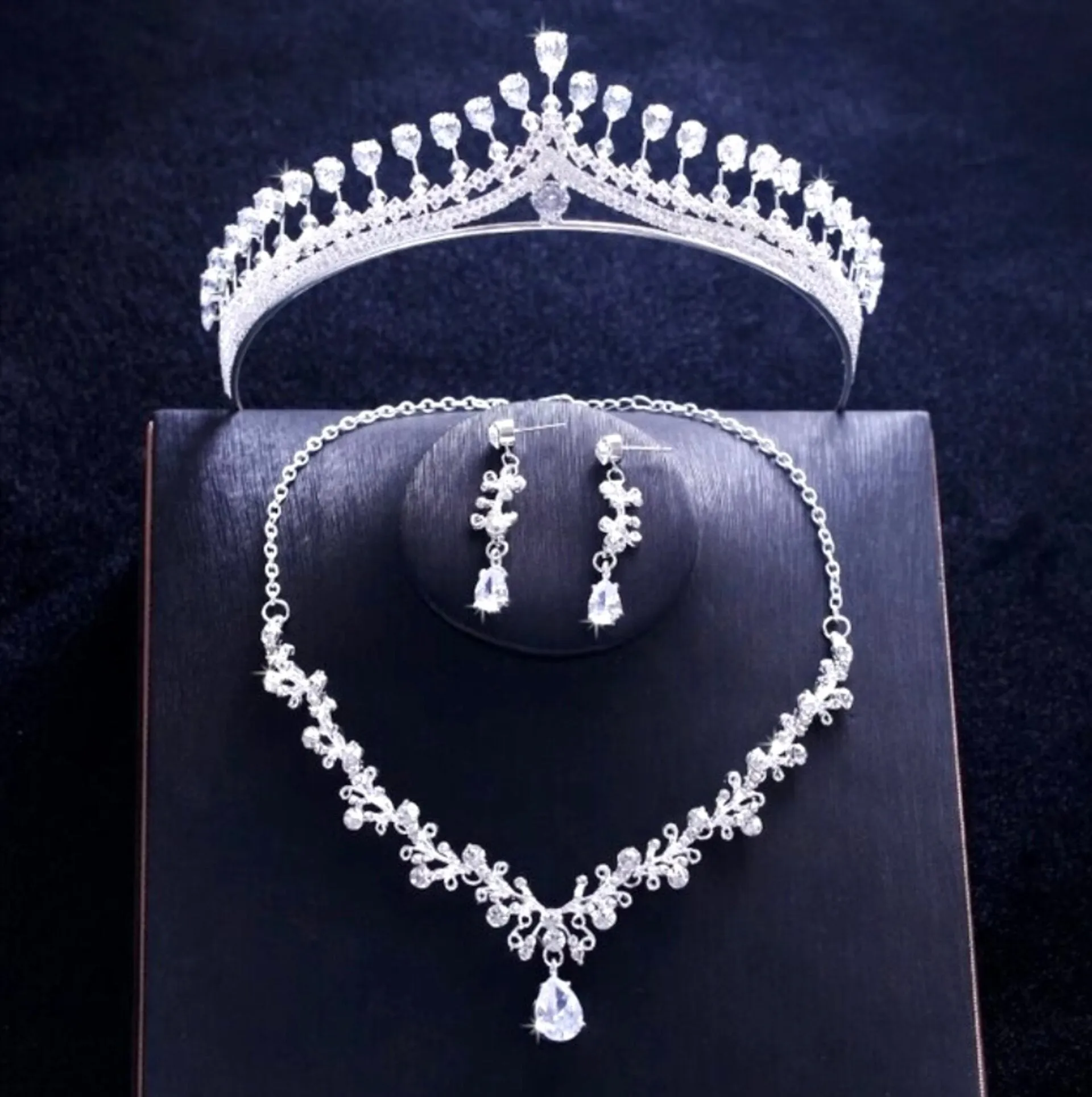 "Cher" - Silver Cubic Zirconia 3-Piece Bridal Jewelry Set With Tiara