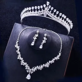 "Cher" - Silver Cubic Zirconia 3-Piece Bridal Jewelry Set With Tiara