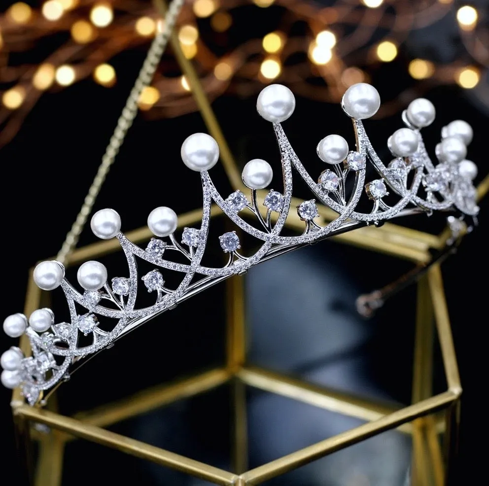 "Irene" - Silver Pearl and Cubic Zirconia Bridal Tiara