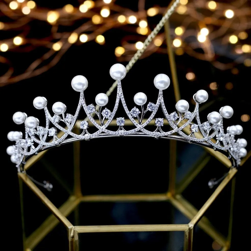 "Irene" - Silver Pearl and Cubic Zirconia Bridal Tiara