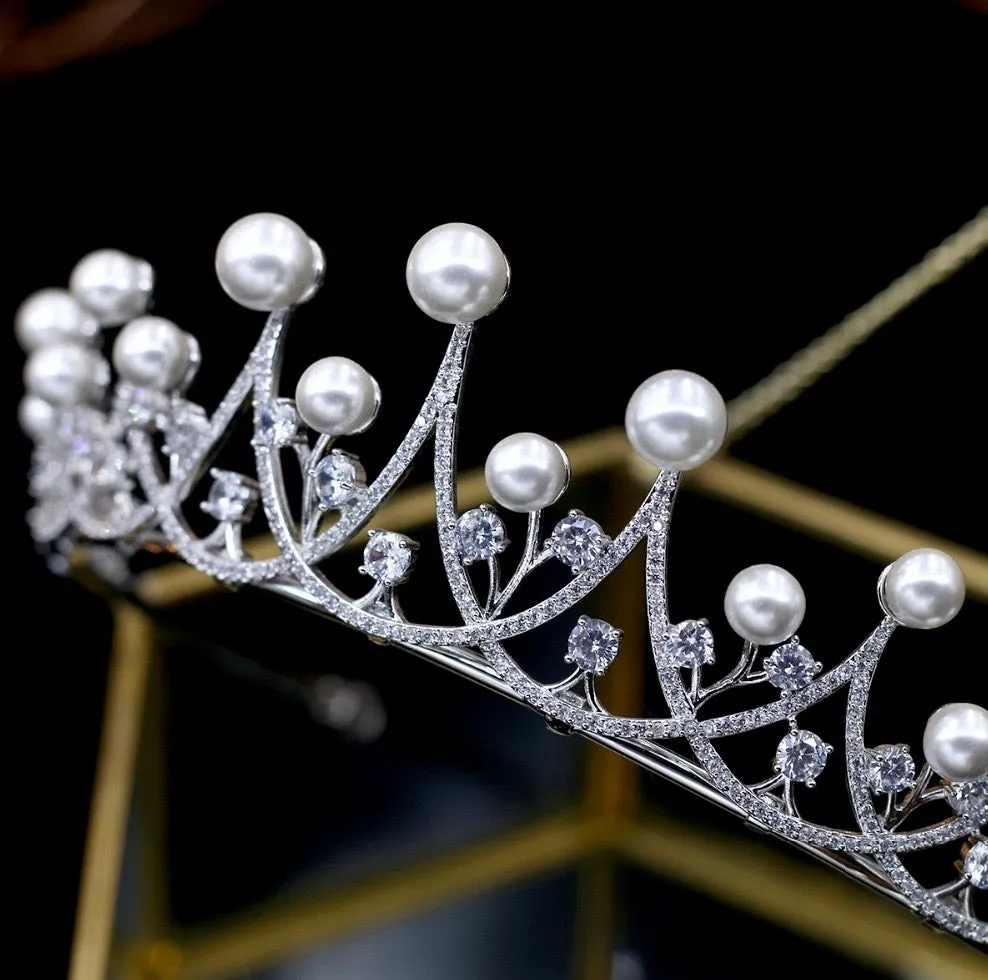 "Irene" - Silver Pearl and Cubic Zirconia Bridal Tiara