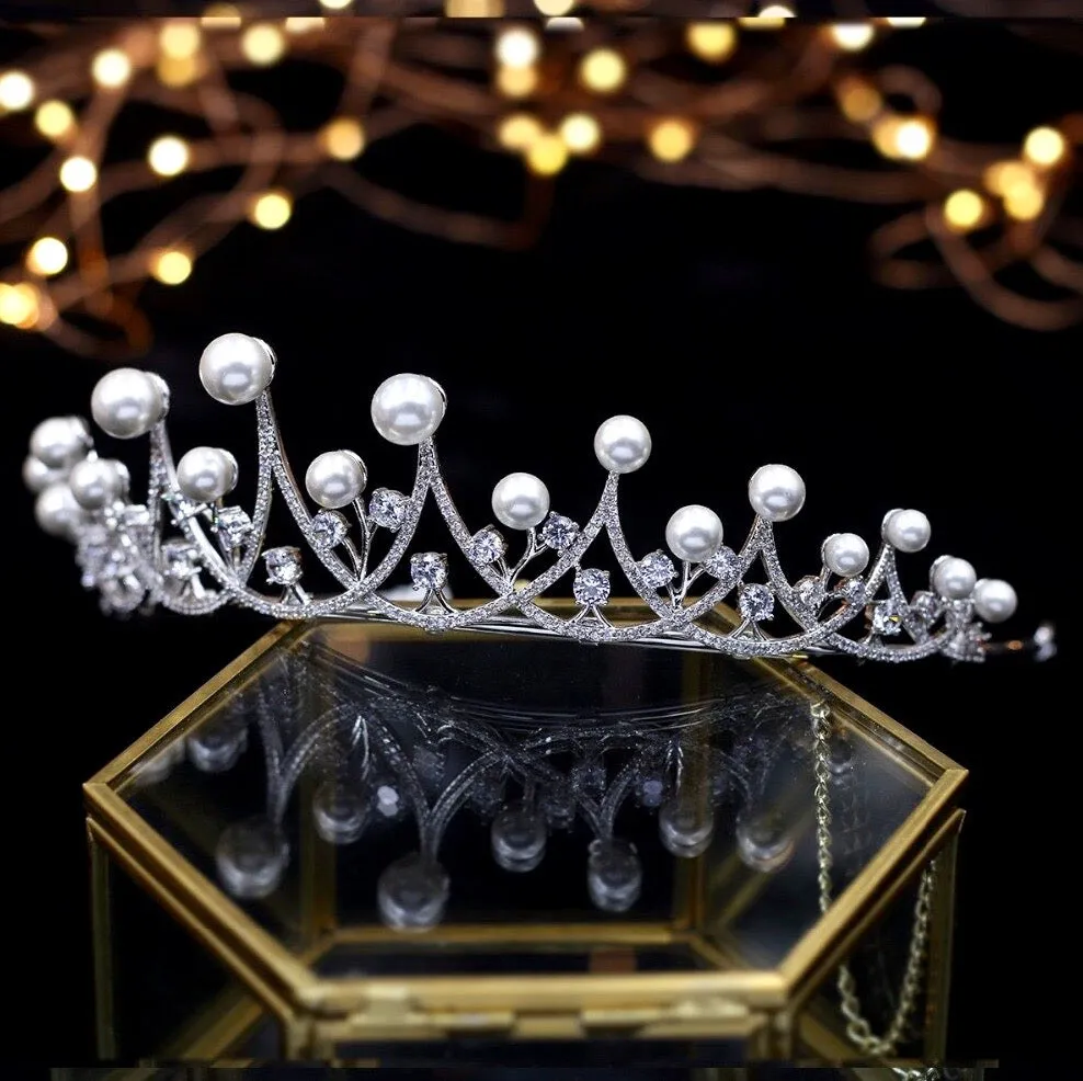 "Irene" - Silver Pearl and Cubic Zirconia Bridal Tiara