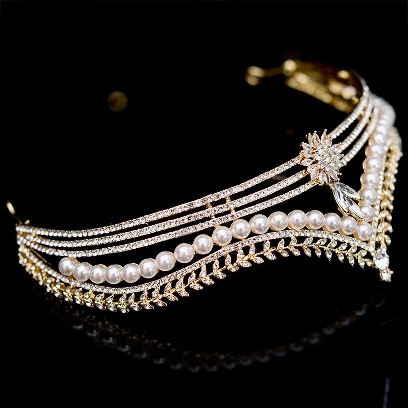 "Reagan" - Pearl and Crystal Bridal Tiara - Available in Gold and Silver