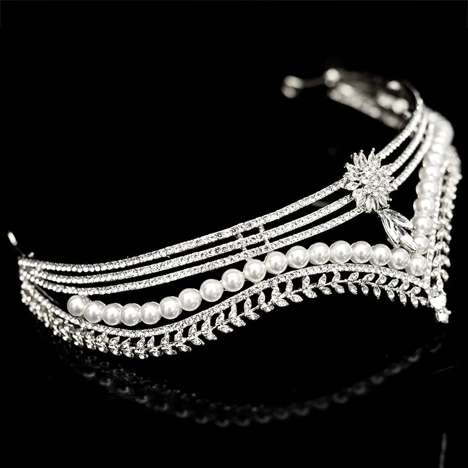 "Reagan" - Pearl and Crystal Bridal Tiara - Available in Gold and Silver