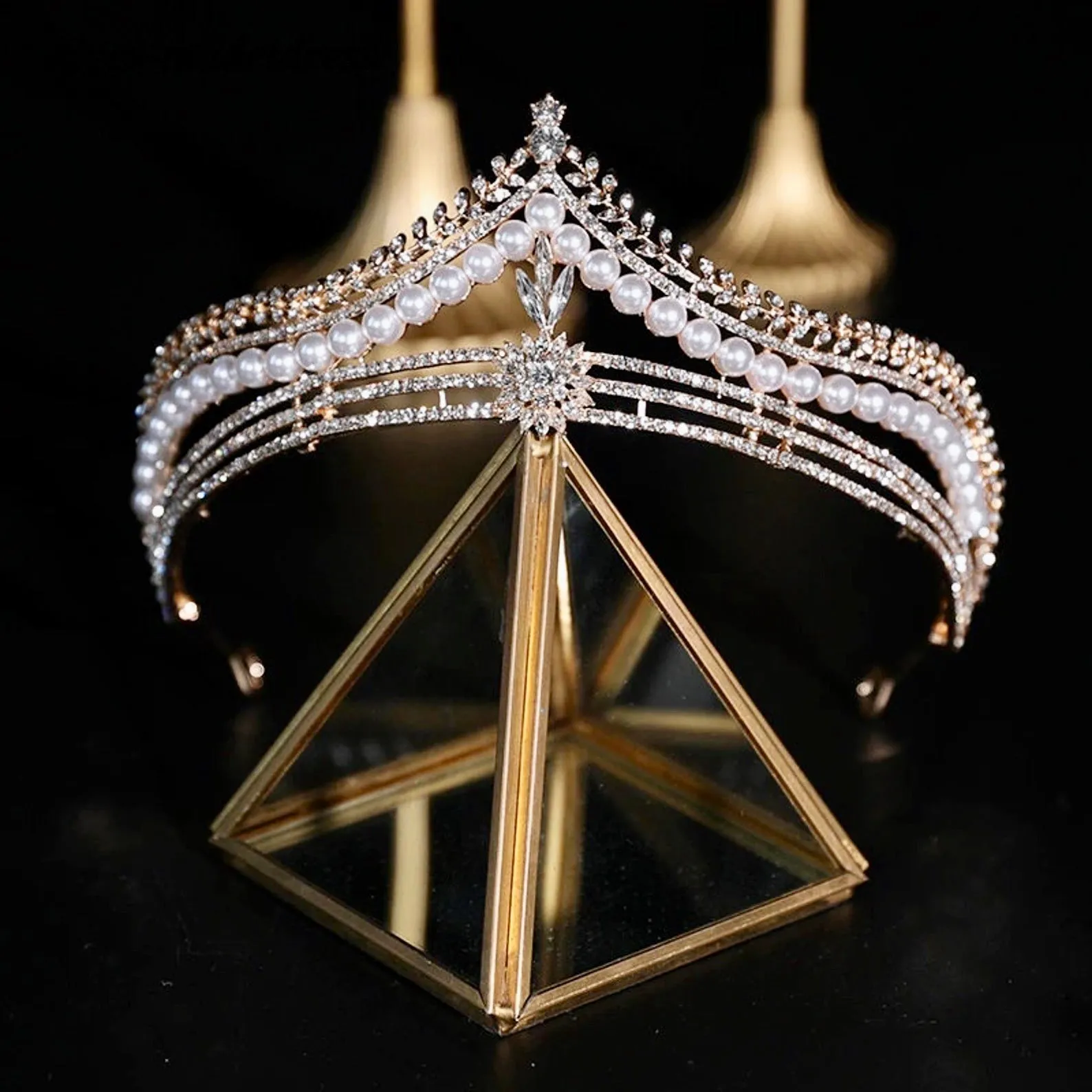 "Reagan" - Pearl and Crystal Bridal Tiara - Available in Gold and Silver