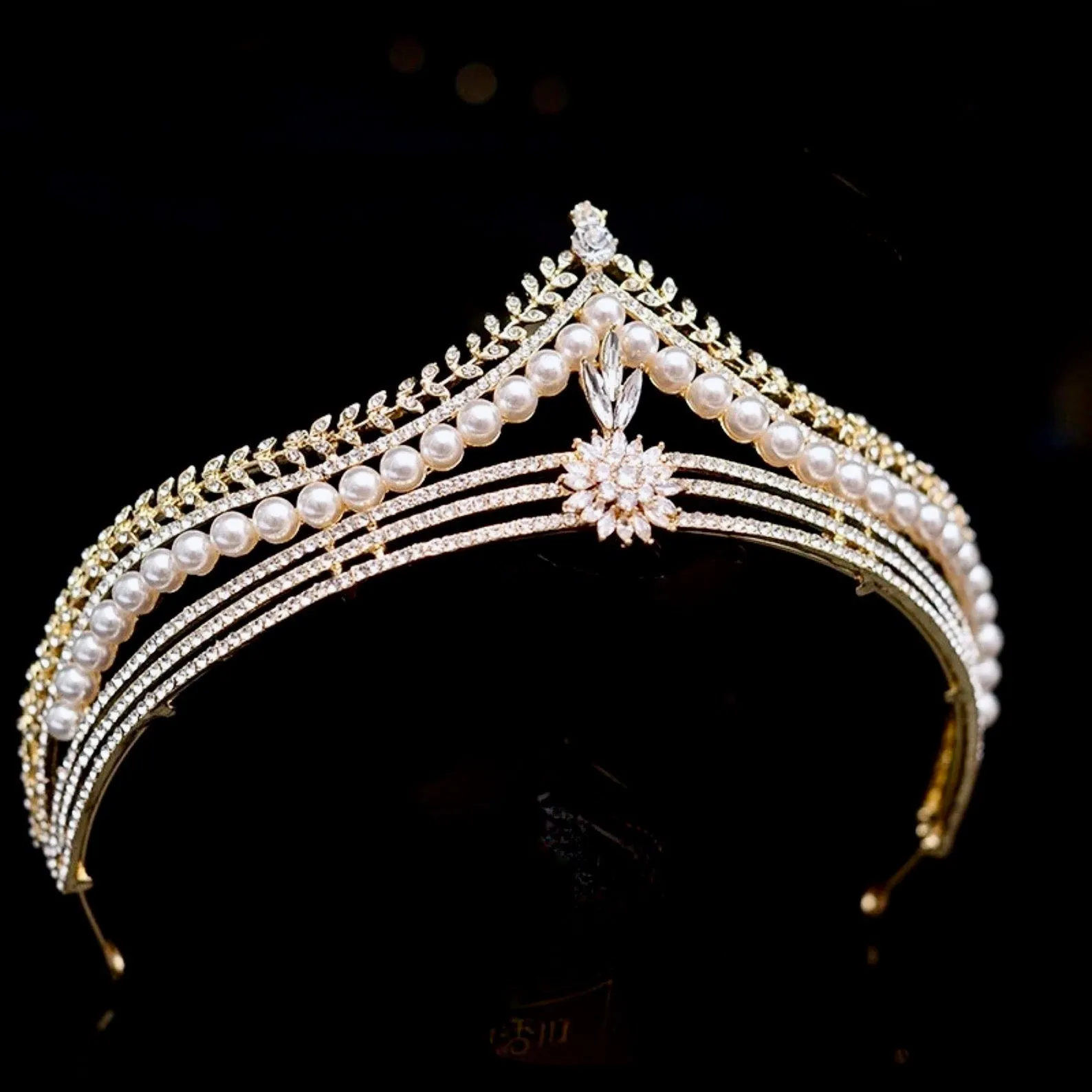 "Reagan" - Pearl and Crystal Bridal Tiara - Available in Gold and Silver