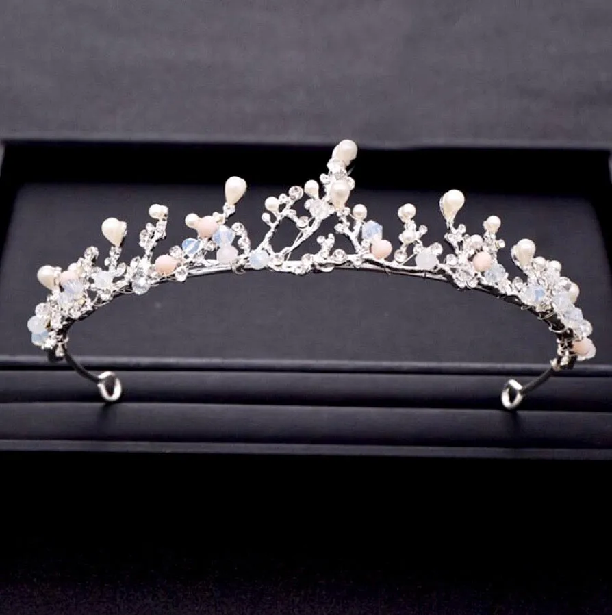 "The Fairy" - Pearl and Cubic Zirconia Bridal 3-Piece Jewelry Set With Tiara - Available in Yellow Gold and Silver