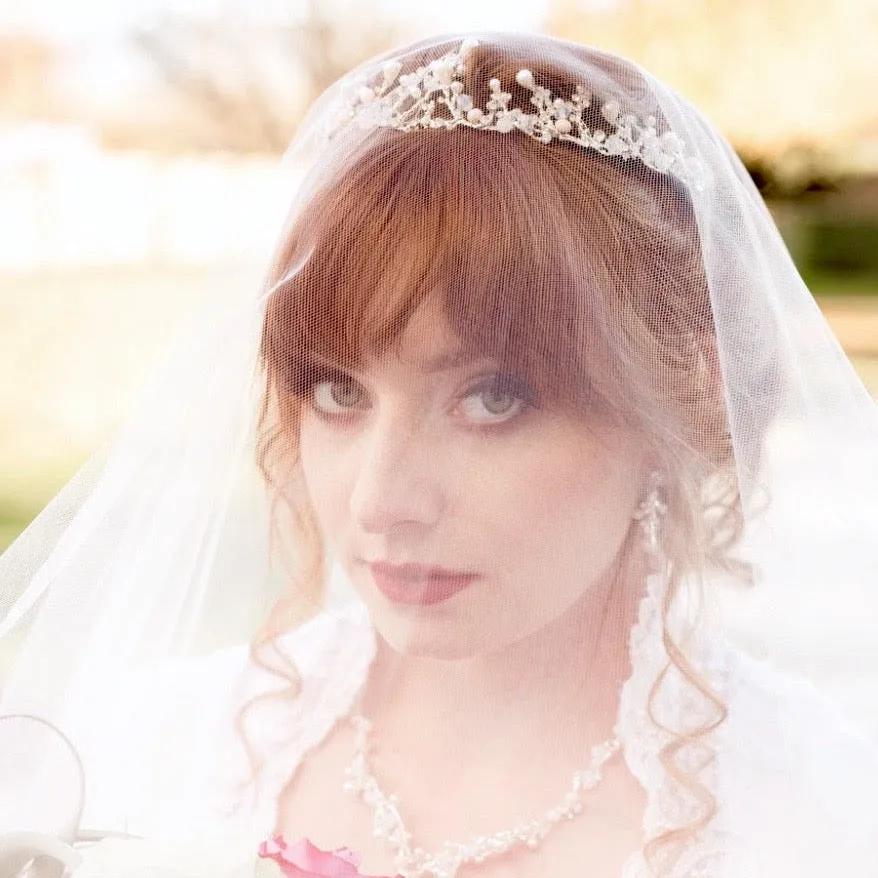 "The Fairy" - Pearl and Cubic Zirconia Bridal 3-Piece Jewelry Set With Tiara - Available in Yellow Gold and Silver