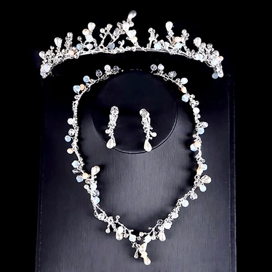 "The Fairy" - Pearl and Cubic Zirconia Bridal 3-Piece Jewelry Set With Tiara - Available in Yellow Gold and Silver