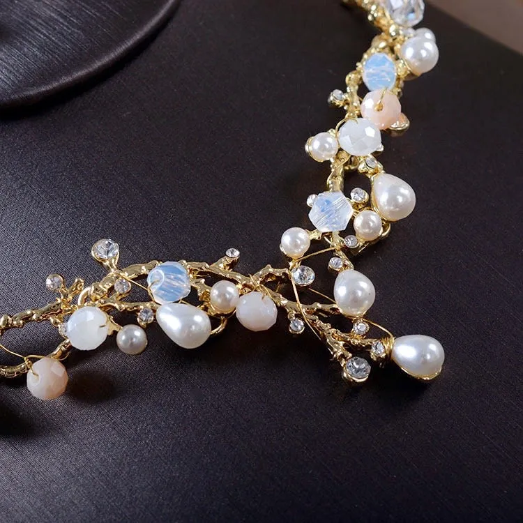 "The Fairy" - Pearl and Cubic Zirconia Bridal 3-Piece Jewelry Set With Tiara - Available in Yellow Gold and Silver