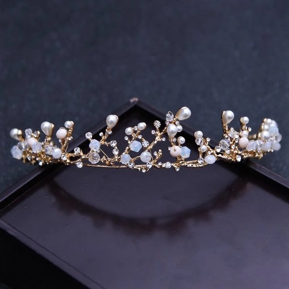 "The Fairy" - Pearl and Cubic Zirconia Bridal 3-Piece Jewelry Set With Tiara - Available in Yellow Gold and Silver