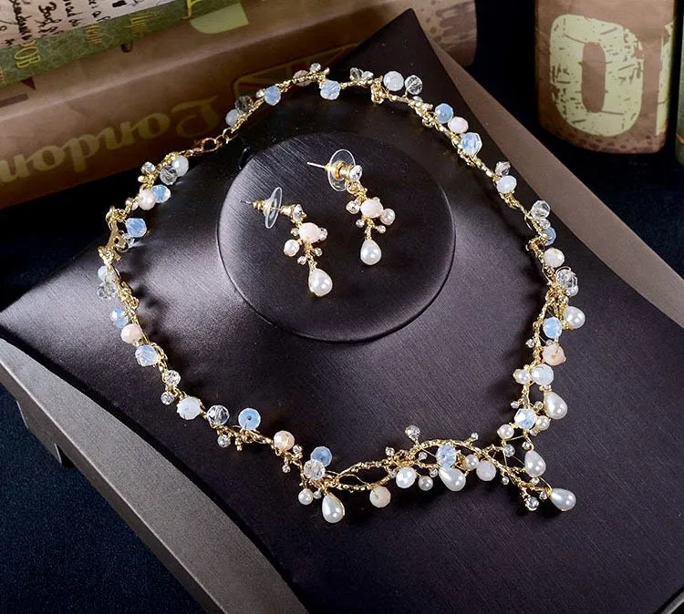"The Fairy" - Pearl and Cubic Zirconia Bridal 3-Piece Jewelry Set With Tiara - Available in Yellow Gold and Silver