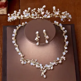 "The Fairy" - Pearl and Cubic Zirconia Bridal 3-Piece Jewelry Set With Tiara - Available in Yellow Gold and Silver