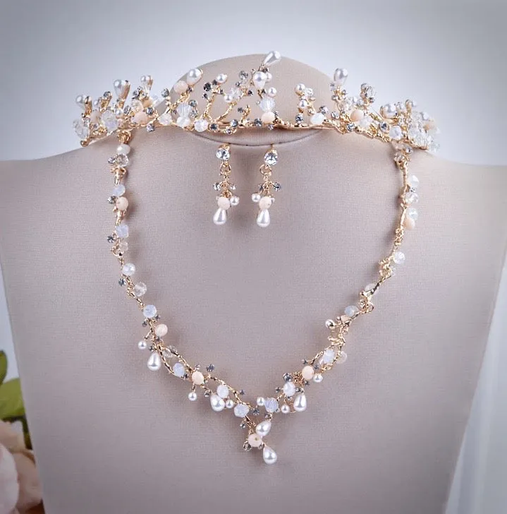 "The Fairy" - Pearl and Cubic Zirconia Bridal 3-Piece Jewelry Set With Tiara - Available in Yellow Gold and Silver