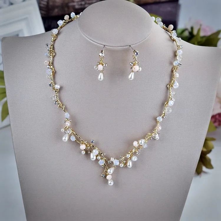 "The Fairy" - Pearl and Cubic Zirconia Bridal 3-Piece Jewelry Set With Tiara - Available in Yellow Gold and Silver
