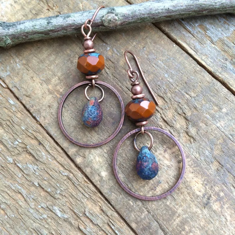 Small Burnt Orange Earrings with Copper Dangle Rings