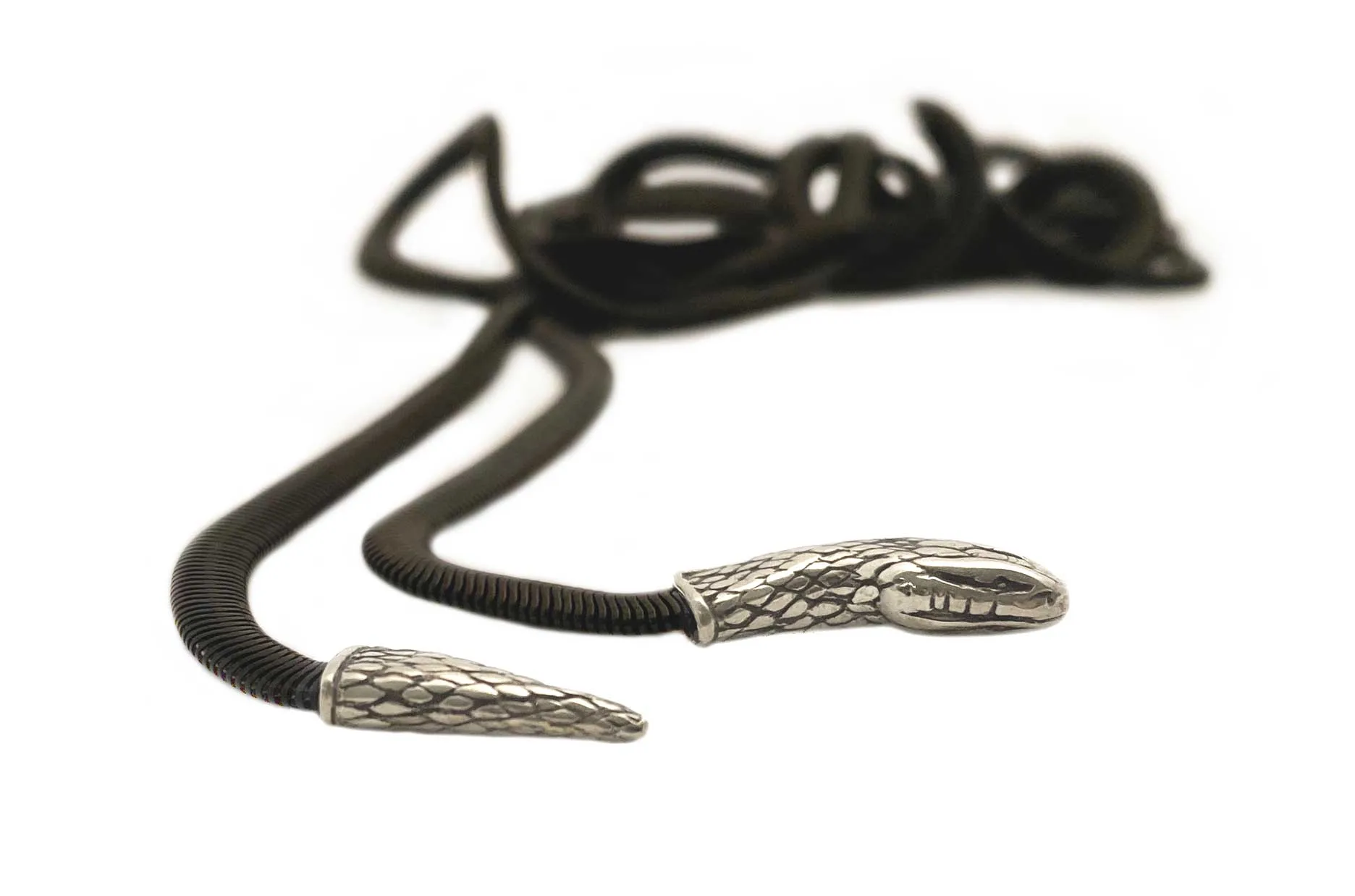 Snake Lariat Necklace in silver & black