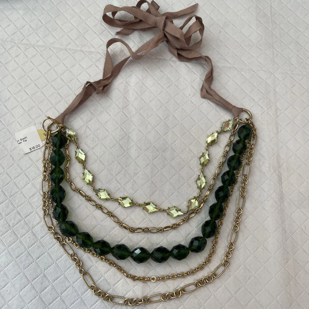 Talbots Multi Chain Swirl Green Beads Ribbon Tie Necklace